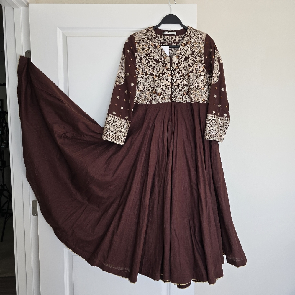 Khaadi Pishwas Anarkali Chikankari - 37" Size 8 Medium Brown